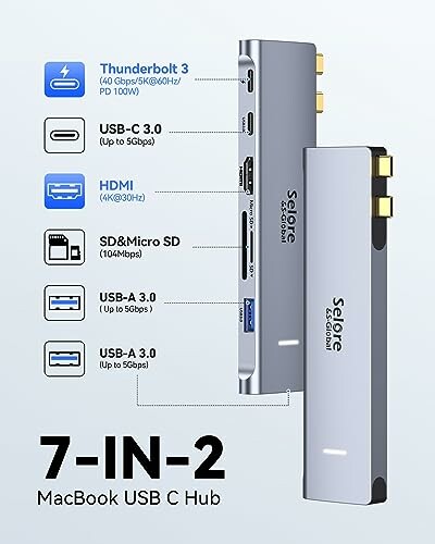 7-in-2 MacBook USB C Hub with multiple ports including Thunderbolt 3, USB-C, HDMI, SD & Micro SD, and USB-A.