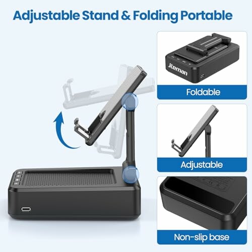 An adjustable and foldable portable stand with non-slip base.