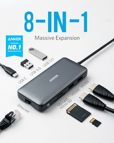 Anker 8-in-1 USB hub with various ports and cables.