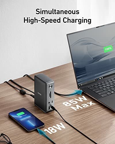 Anker charging station with laptop and phone, showing simultaneous high-speed charging.