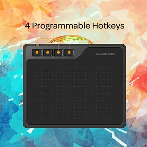 Drawing tablet with 4 programmable hotkeys on colorful background.