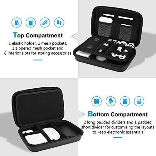 Electronic accessories organizer case with compartments for storing gadgets and accessories.