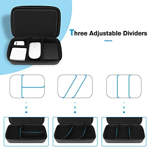 Electronic travel organizer with three adjustable dividers showing different compartment configurations.