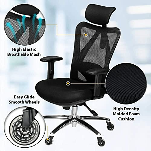 Ergonomic office chair with breathable mesh, adjustable armrests, and smooth wheels.