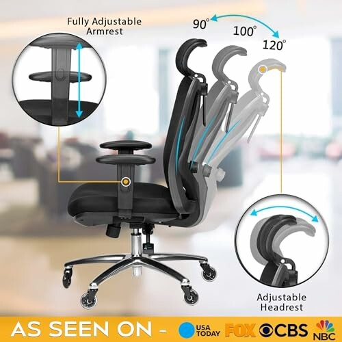 Ergonomic office chair with adjustable armrests and headrest.