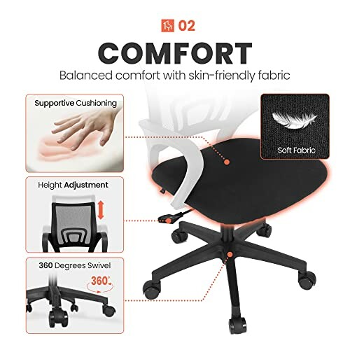 Ergonomic office chair features: supportive cushioning, height adjustment, 360-degree swivel, soft fabric.