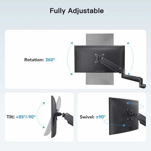 Diagram showing a fully adjustable monitor arm with 360-degree rotation, 85 to 90-degree tilt, and 90-degree swivel.