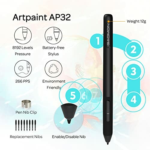 GAOMON Artpaint AP32 stylus features and accessories.