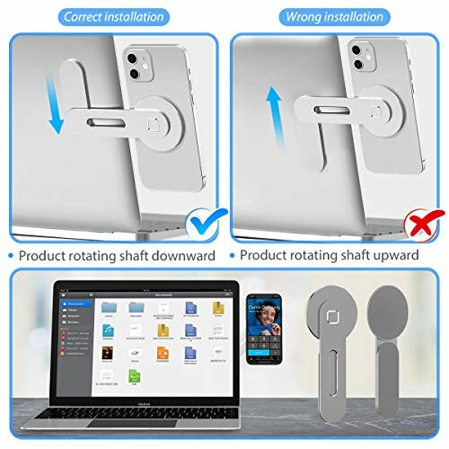 Installation guide for a laptop phone holder showcasing correct and wrong installation methods.