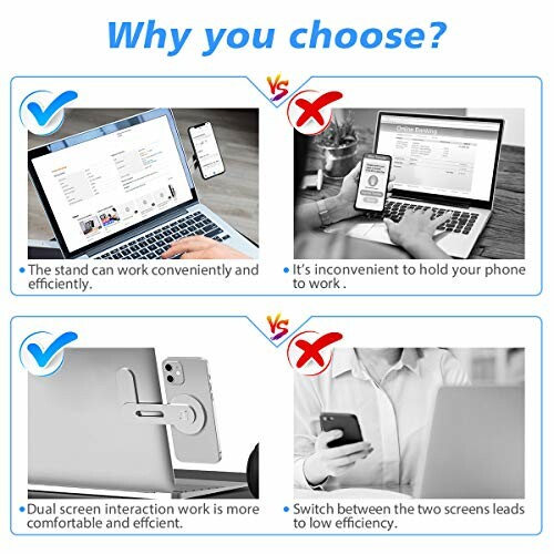 Comparison of using a laptop with a phone stand versus holding phone while working.