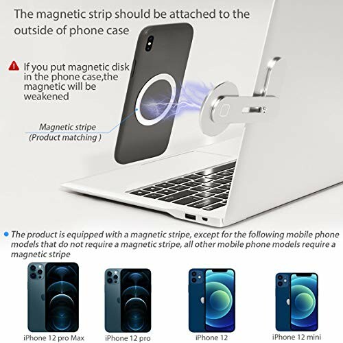 Instructions for attaching a magnetic phone holder to a laptop with compatible iPhone models.