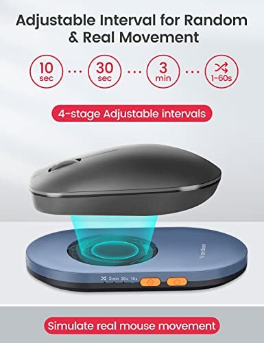 Mouse jiggler with adjustable intervals for random and real movement.