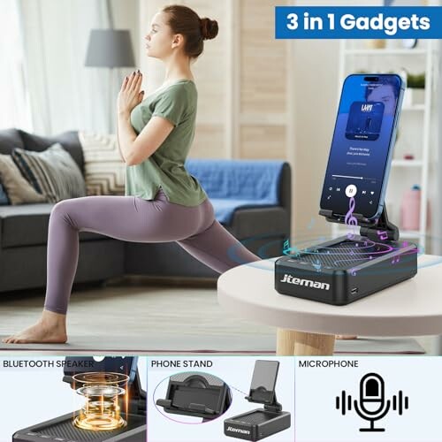 A woman doing yoga near a 3-in-1 gadget with phone stand, speaker, and microphone.