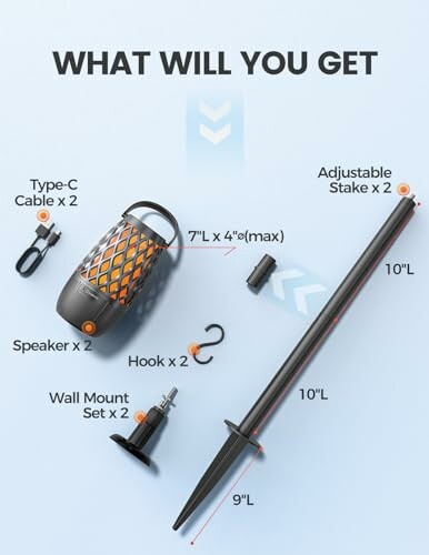 Components of an outdoor lamp including Type-C cable, speaker, wall mount, hook, and adjustable stake.