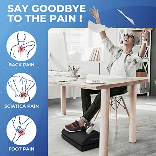 Person using a foot platform under a desk for pain relief.