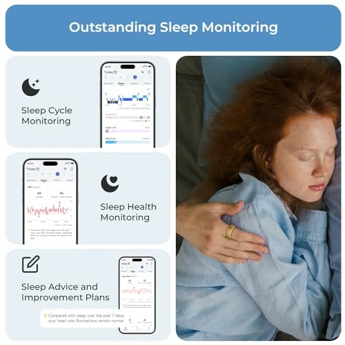 Collage showcasing sleep monitoring app features and person sleeping.