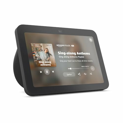 Smart display showing Amazon Music interface with Sing-along Anthems playlist.