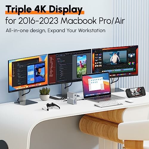 Triple 4K display setup for MacBook Pro/Air on a desk with accessories.