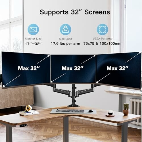 Triple monitor desk mount supporting three 32-inch screens.