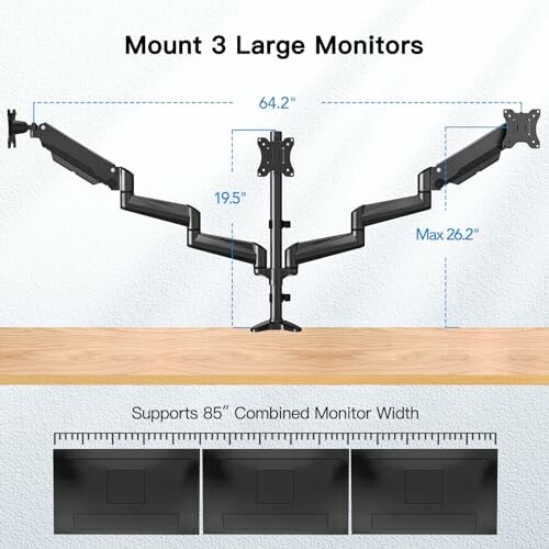 Triple monitor mount with dimensions and support for 85-inch combined width.