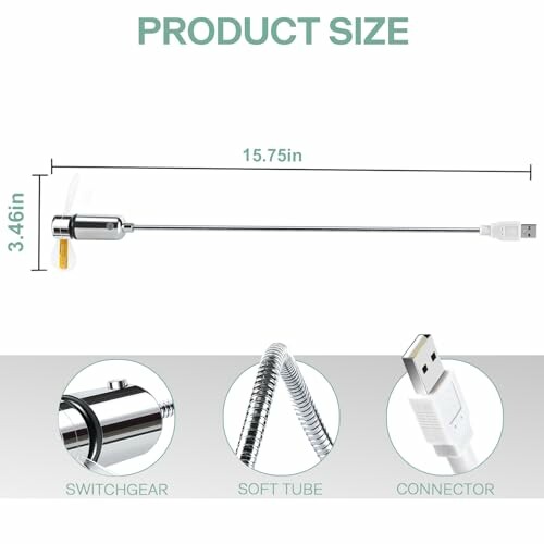 USB fan dimensions and components, including switchgear, soft tube, and connector.