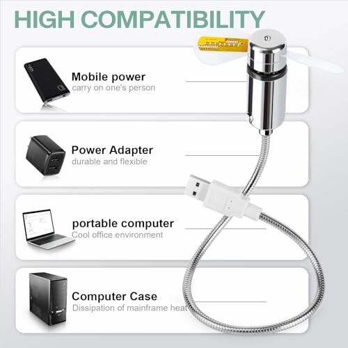 USB fan with flexible neck and high compatibility with mobile power, power adapter, portable computer, and computer case.