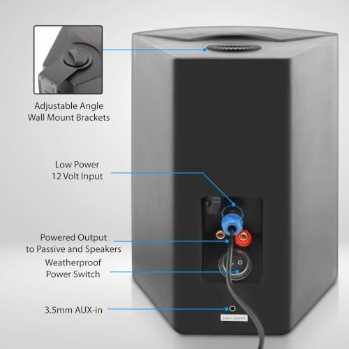 Back view of a speaker with adjustable wall mount brackets, low power 12 volt input, powered output to passive speakers, weatherproof power switch, and 3.5mm AUX-in.