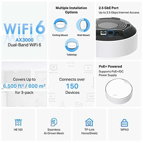 WiFi 6 AX3000 dual-band router features and specifications.