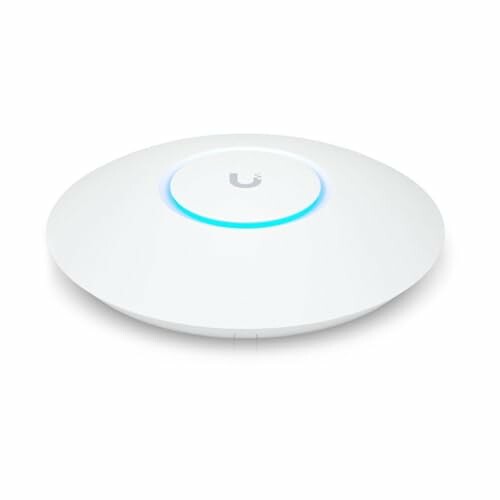 Round white wireless access point with blue LED